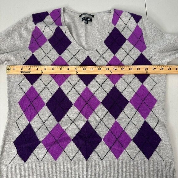 Apt 9 Cashmere Sweater Size XL Argyle Gray Purple V-Neck - Picture 5 of 10